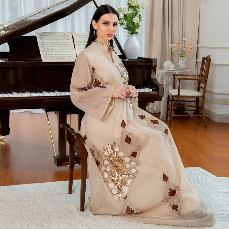 Dubai Kaftan Dress Arabic Luxury Fashion Abaya Embroidered Sequin Evening Gowns Muslim Women Islamic Clothing Eid Mubarak