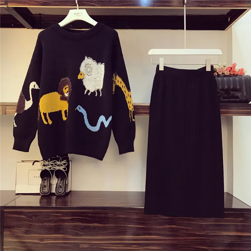 Sweater and Skirt С героями мультфильма «Зоопарк» комплект с толстовкой Для женщин вязаная животных жаккардовые с длинным рукавом свободный Детский комбинезон и длинная юбка Трикотажный костюм - Цвет: Sweater and Skirt