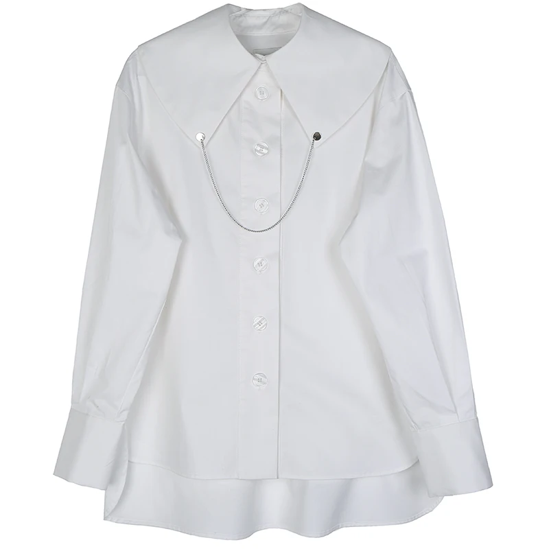 

[EAM] Women White Brief Temperament Big Size Blouse New Lapel Long Sleeve Loose Fit Shirt Fashion Tide Spring Autumn 2021 1DB615
