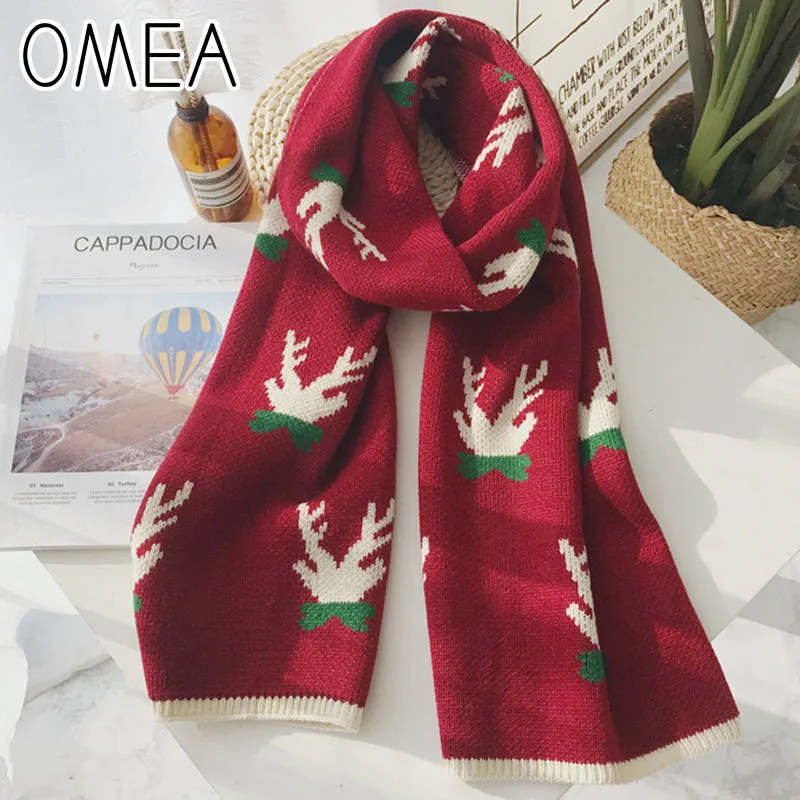 

OMEA Рождественский зимний шарф Санта олень вязаный шерстяной шарф женский плотный теплый шарф пончо с принтом животных жаккардовая Пашмина