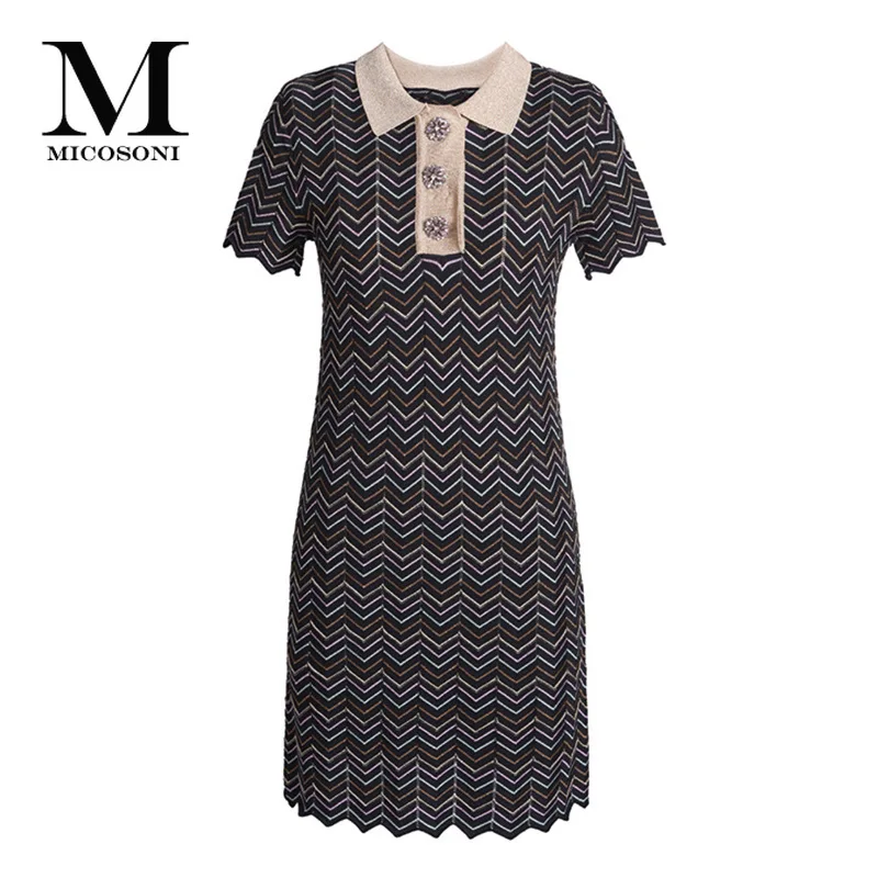 

Micosoni 2020 Spring and Summer New Diamond Breasted Sawtooth Colorful Striped Collar Knitted Ice Silk Sweater Dresses One Size