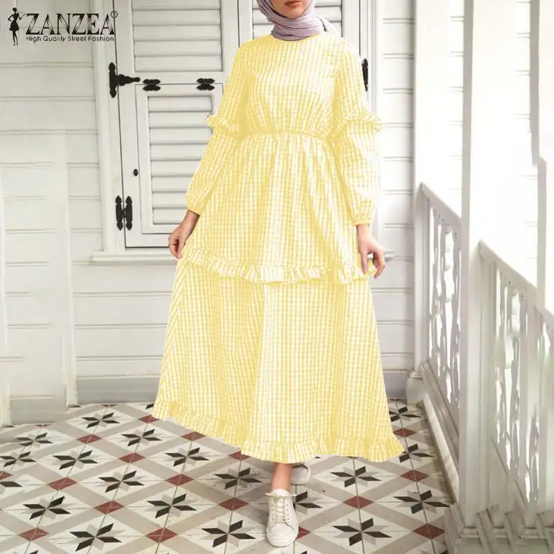 

ZANZEA Women Vintage Dubai Turkey Abaya Hijab Dress Retro Ruffles Vestido Autumn Plaid Checked Sundress Islamic Clothing Kaftan