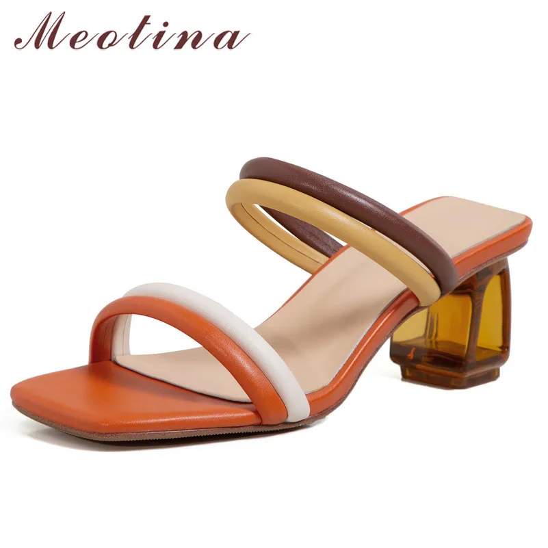 

Meotina Women Slippers Shoes Narrow Band High Heel Sandals Square Toe Slides Transparent Fretwork Heel Ladies Footwear Summer