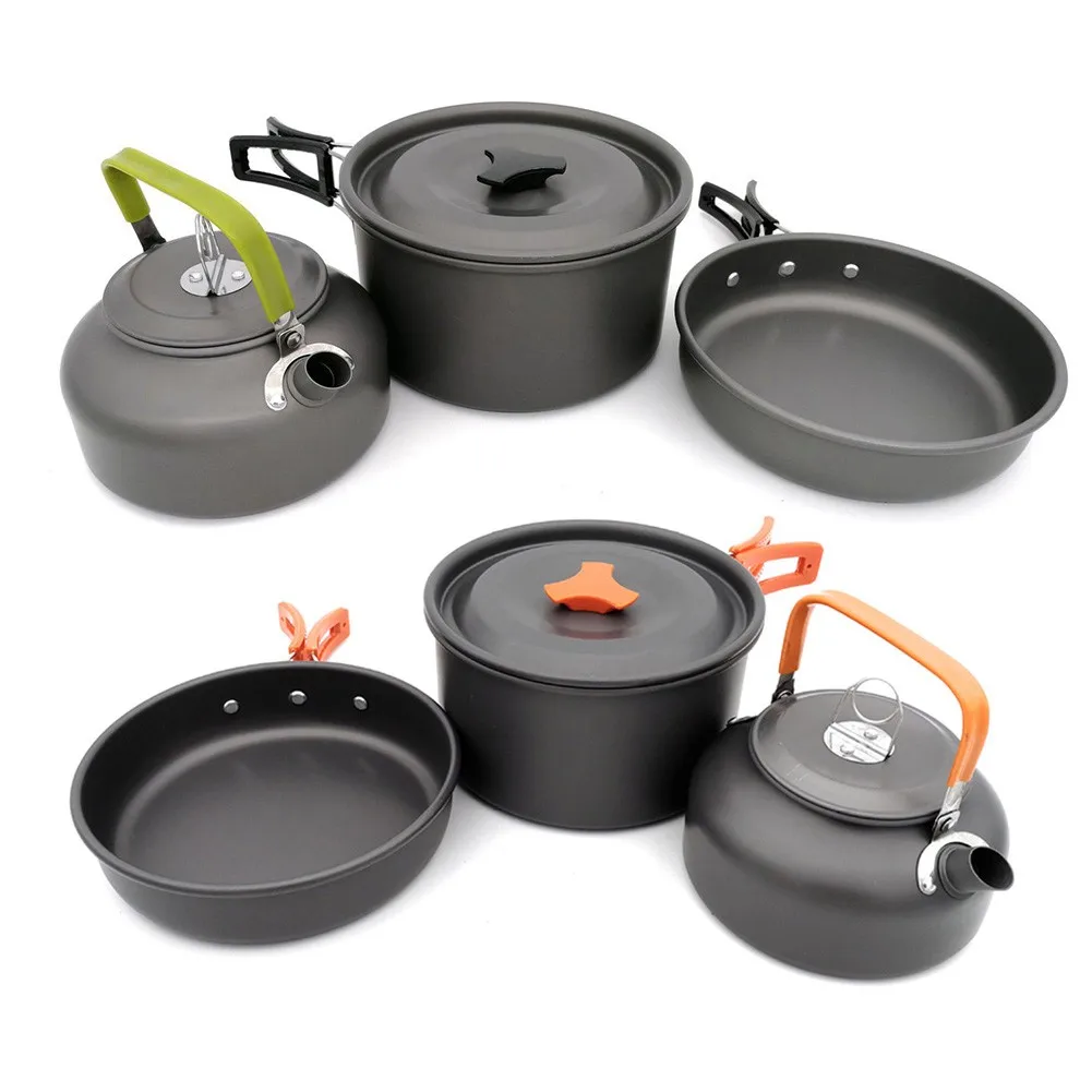 

Portable Camping Cookware Kit Outdoor Picnic Cooking Equipment Pans Kettle 2-3 Person Set Pot Plus Teapot Cooker For Hiking