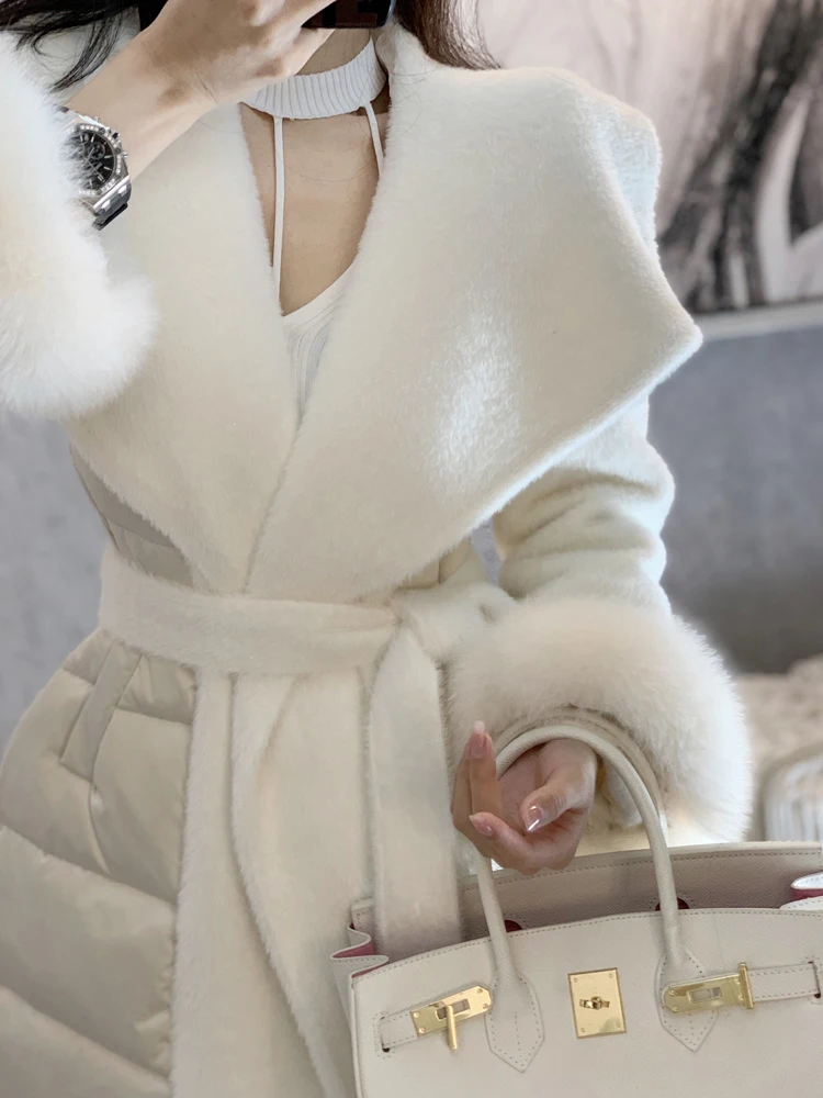 Popular White Big Fur Collar Woolen Patchwork White Down Jacket Women Winter Coat Fashion Belt Waist Long Down Jacket OverCoat