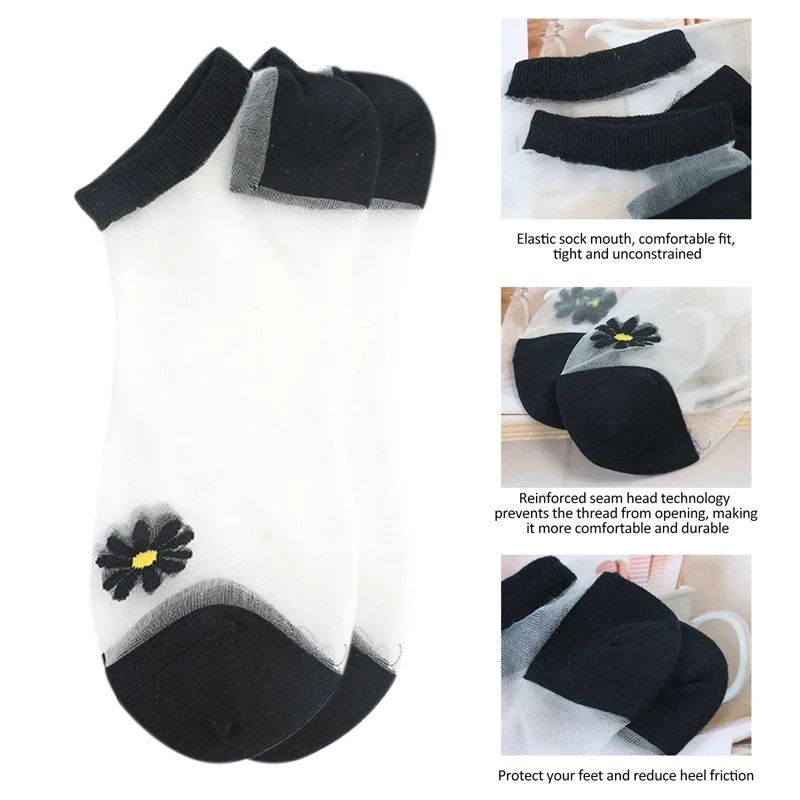 

1 Pair Women Socks For Summer Ultra-thin Transparent Glass Fiber Silk Socks Fashion Daisy Flower Japan Ankle Socks