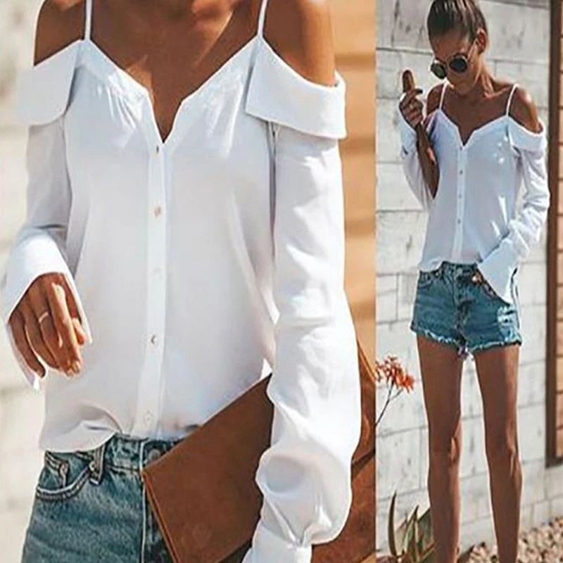 

Women 2021 Off Shoulder Blouse Sexy Women One-shoulder V-neck Long-sleeved Solid Color Sling Shirt plus size summer women top