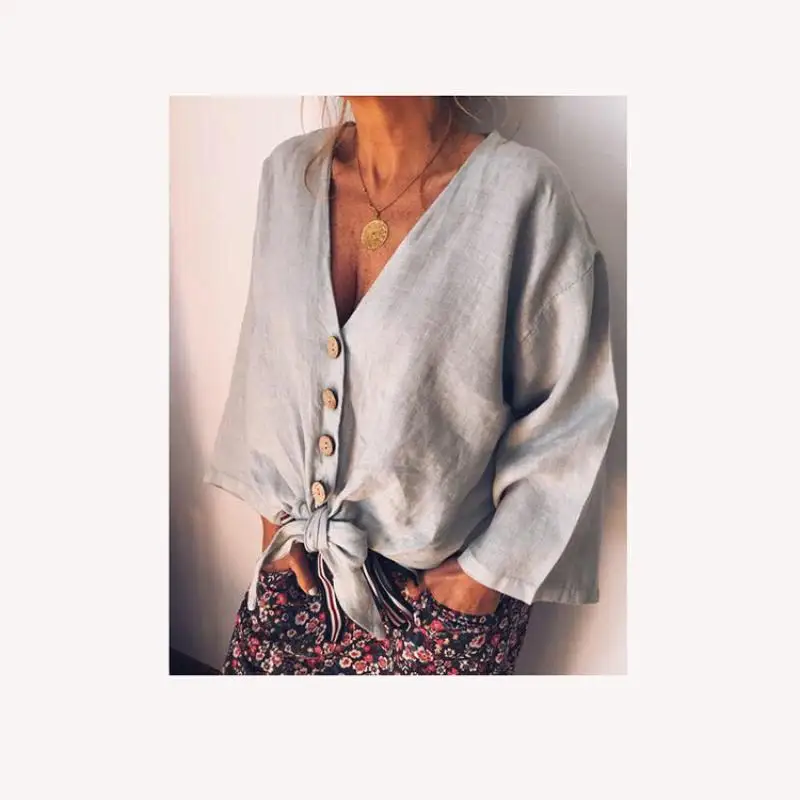 Женские рубашки 2019 летняя однотонная Повседневная Свободная рубашка с v-образным