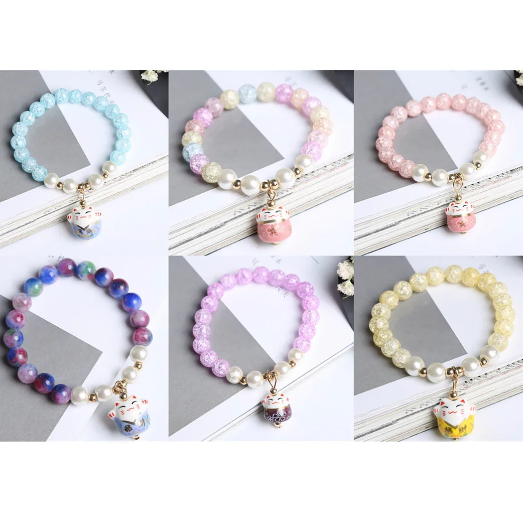 

Women Lucky Cat Beaded Bracelets Crystal Charm Bangle Handmade FashionJewelry Gift Multicolor