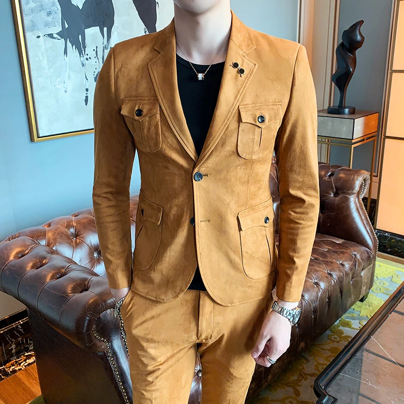 Мужской костюм из оленьей кожи Корейская версия модный британский Повседневный