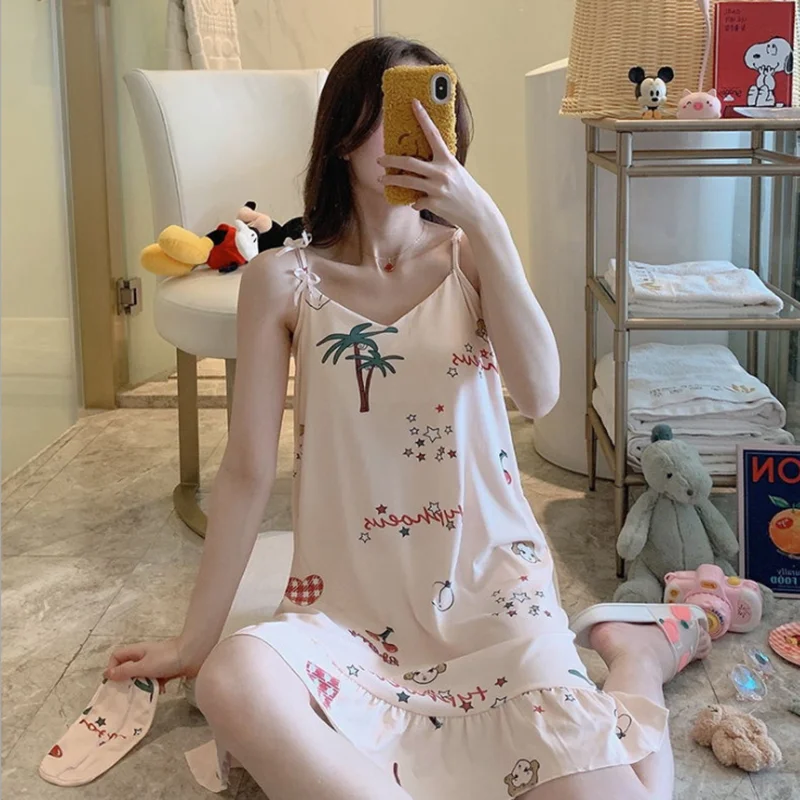 

Spring Summer Women's Nightgown Sleepwear Short Sleeves Shirt Casual Print Cute Sleeping Dress Homewear