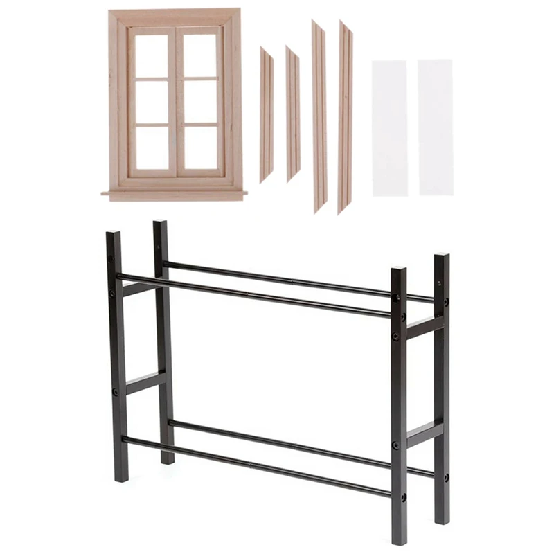 

1Pcs 1:12 Dollhouse Miniature Double Window Wooden 6 Pane Frame & 1Pcs For Rc Drift Cars 1/10 Wheel Rims Shelf,Black