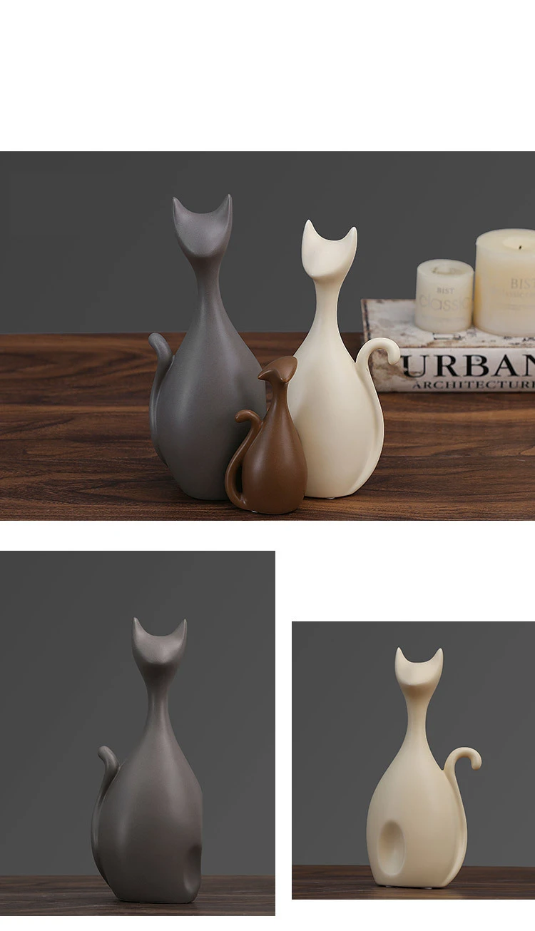 VILEAD Ceramic Family of Three Four Cats Figurines Nordic Animal Living Room Decoration Home Ornaments Crafts For Wedding Gifts