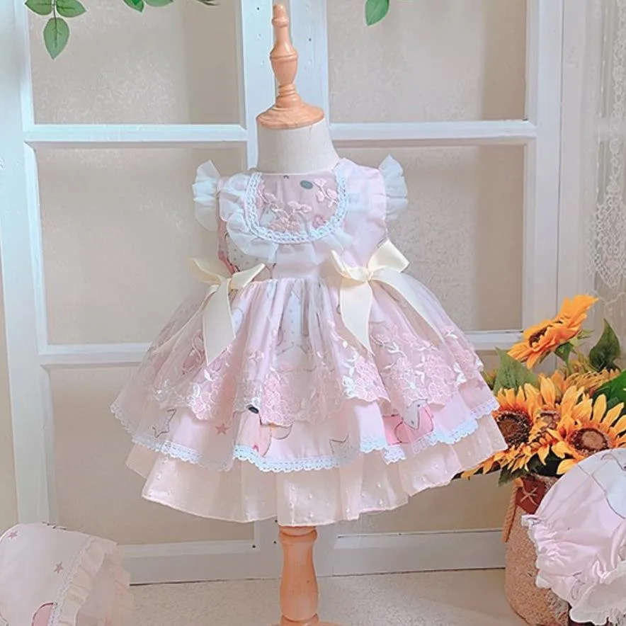 

3PCS Baby Clothing Spanish Vintage Lolita Ball Gown Lace Print Sleeveless Birthday Party Easter Princess Dress For Girls A103