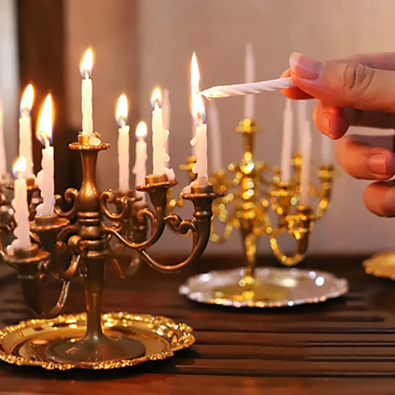 

1Set Cute Dollhouse Miniature Candles and Candlestick Birthday Party Cake Candle Holders Toppers For Dollhouse Decals