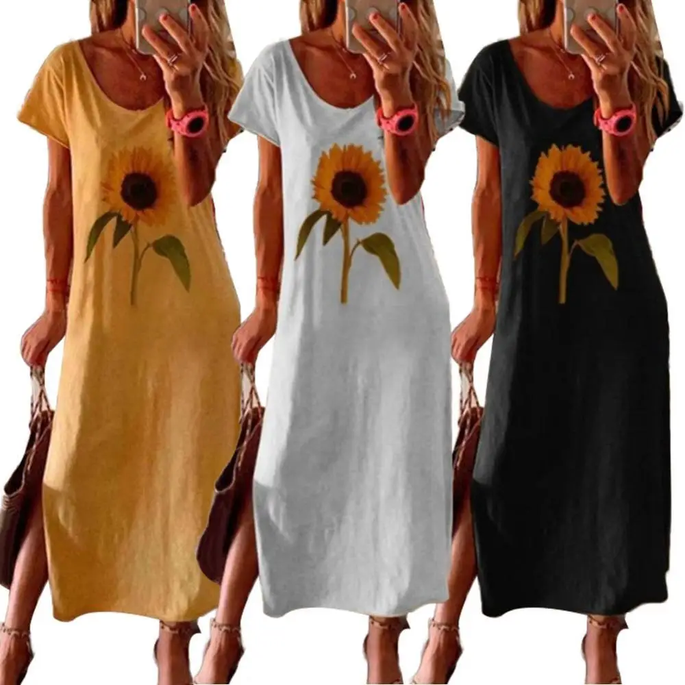 

50% Dropshipping!!Fashion Women Sunflower Round Neck Short Sleeve Side Split Loose Long Dress