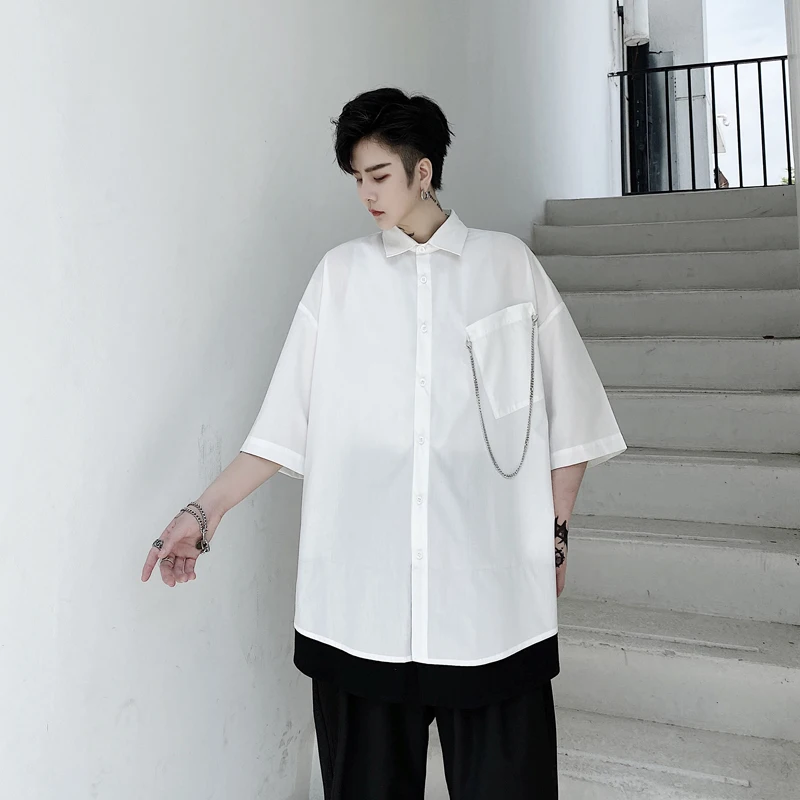 Мужская Повседневная Свободная рубашка черно-белая с коротким рукавом в