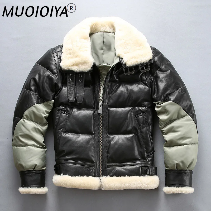 

Factory 2021 New Men B3 Flight Jacket Fashion Spliced Genuine Sheepskin Wool Collar Down Coat Cold Winter Russia Coats