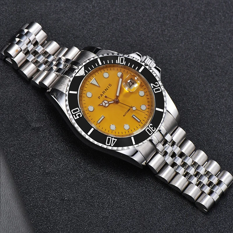 Парнис SUB желтый Для мужчин часы 21 Jewels Miyota 8215 юбилейный браслет с винтами Корона
