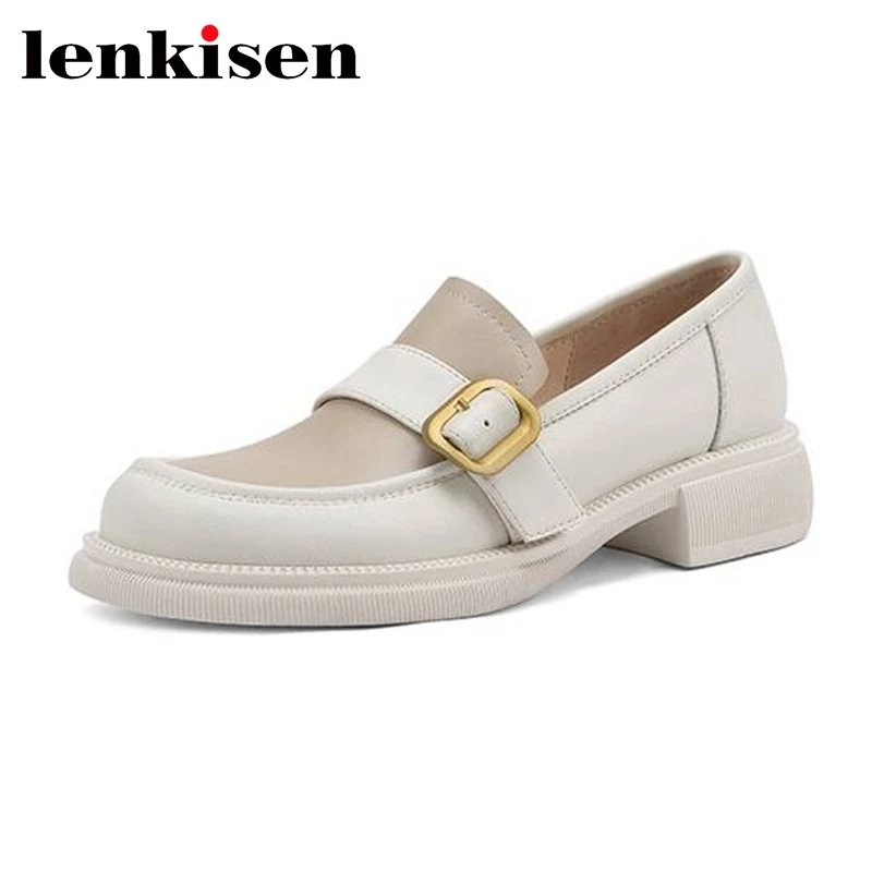 

Lenkisen spring sweet loafers cow split leather round toe low heels big size 42 belt buckle mixed colors young lady pumps l01