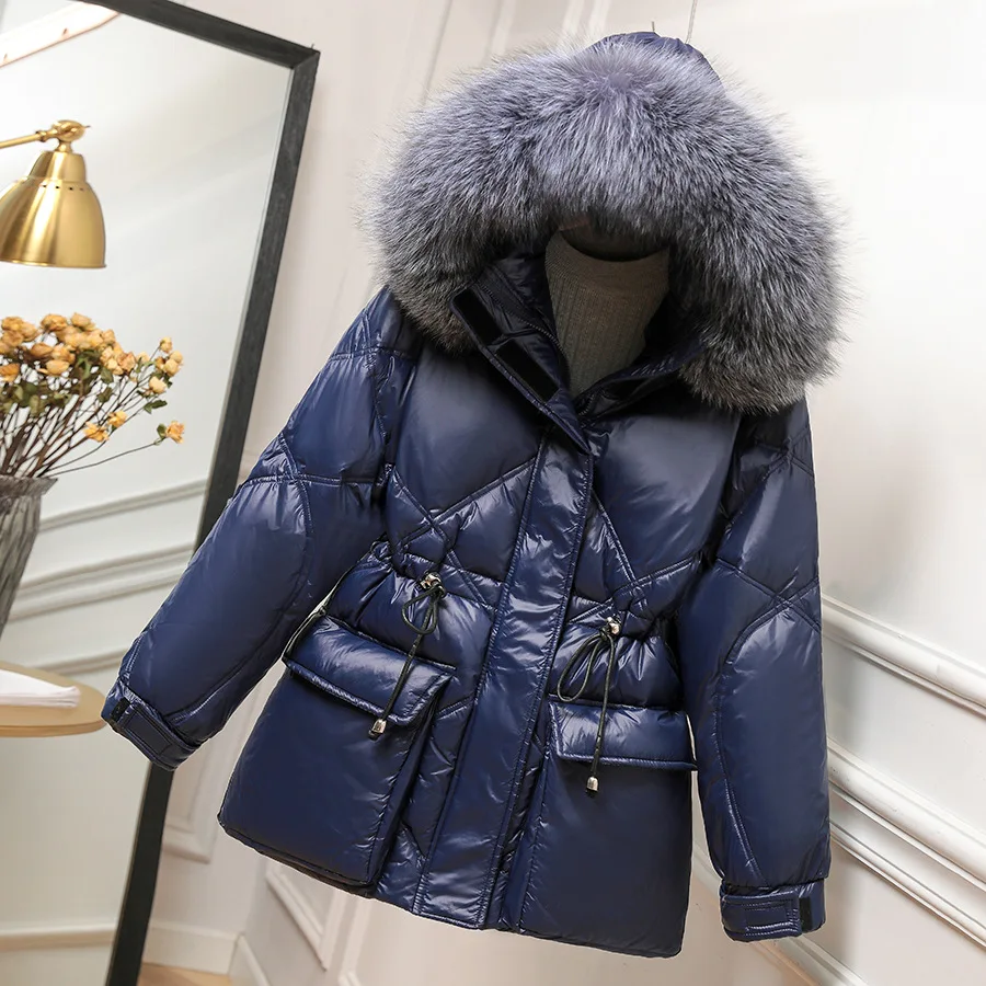 

Autumn Winter Women's Glossy Down Hooded Parkas With Big fur collar Casual Thick Waist fashion 2020 New Winter Down Jacket