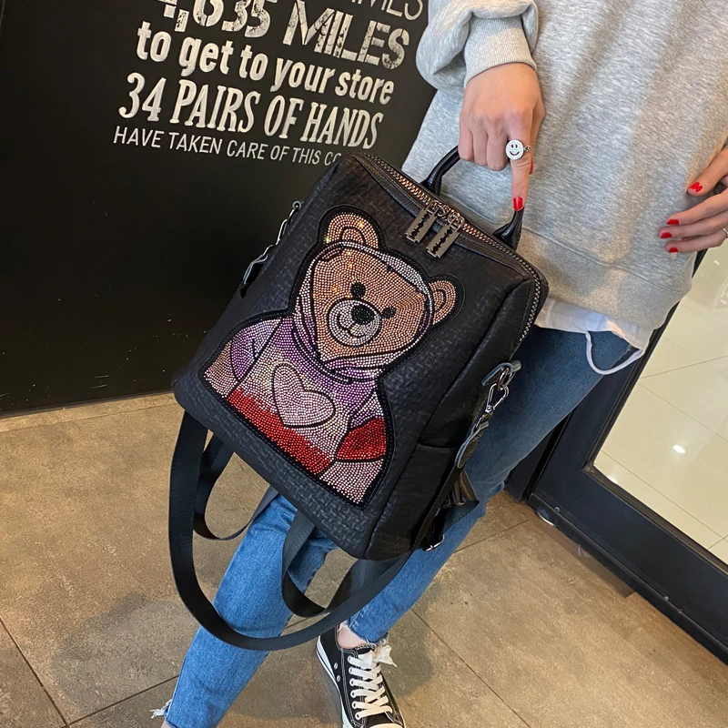 

Split Leather Small Backpack Rhinestong Cute Bear Mochila Para Hombre Large Capacity Anti Theft Backpack Women Shoulder Bags