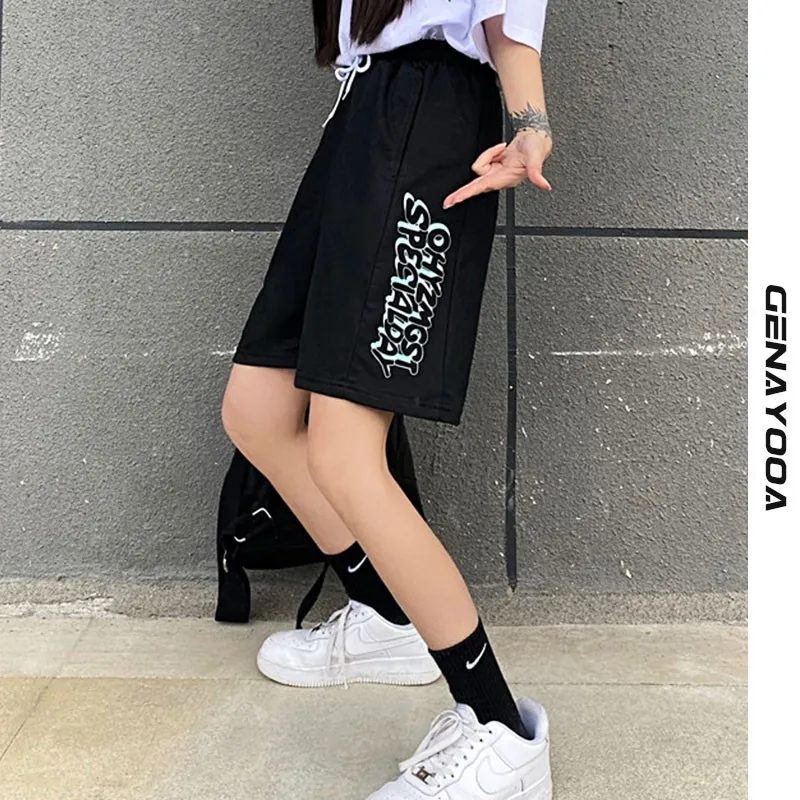

Genayooa Streetwear 2021 Summer Short Feminino High Waist Print Cool Biker Shorts Women Korean Wide Leg Shorts Mujer