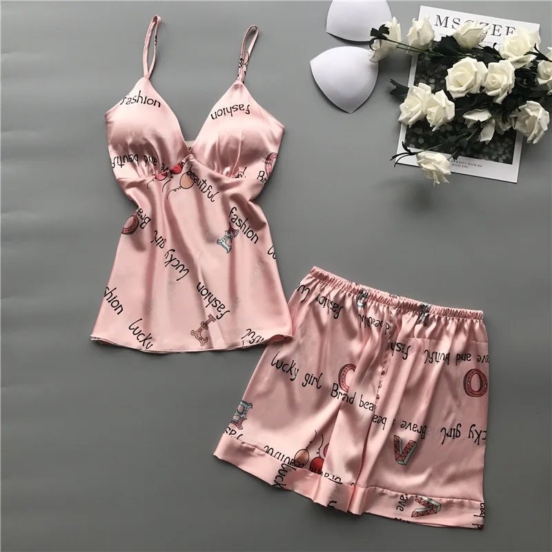 Women's Sleepwear Sexy Satin Pajama Set V-Neck Pyjamas Sleeveless Cute Cami Top and Short pijama mujer | Женская одежда