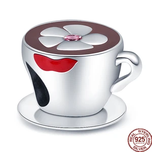 NEW 925 silver Glamorous Red lips Coffee Cup Charms Beads Fit Original 925 Pandora Bracelet Making Women DIY Jewelry Gift