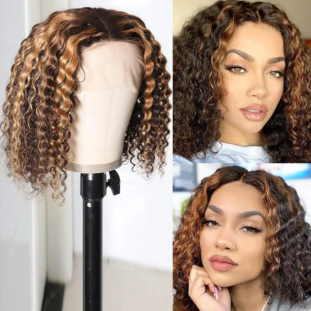 Transparent Lace Frontal Wig Highlight Short Bob Wig Brazilian Curly Ombre Brown Honey Blonde 4x4x1 Lace Front Human Hair Wigs