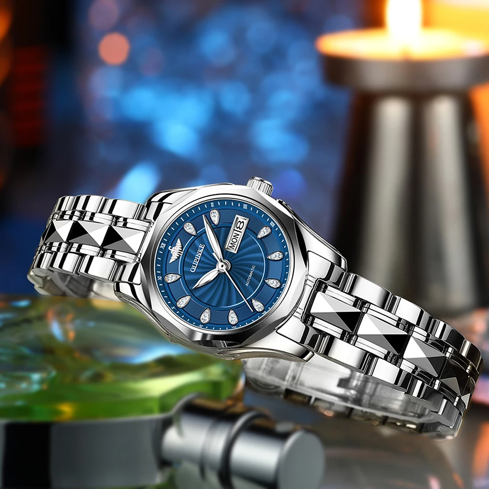 

Women's automatic mechanical wristwatch with double calendar tungsten steel watchband fashion waterproof luminous female clock