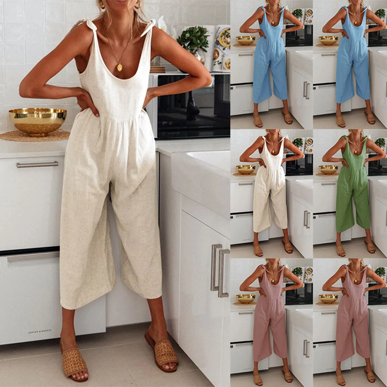 

Summer Women Dungarees Harem Strap Pants Loose Linen Jumpsuit Baggy Sleeveless Rompers Trousers Overalls Shorts Beach Pants#8