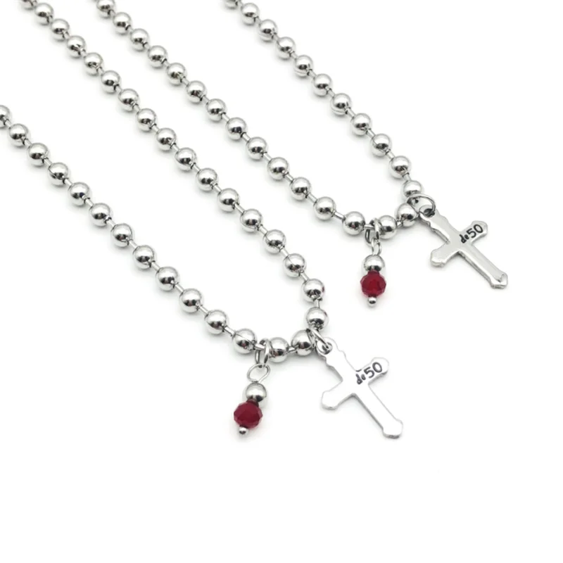 

Fashion Stainless Steel Simple 4mm Bead Chain Letter Cross Woman Bracelet Necklace Set Ruby Pendant Choker UNO Jewelry