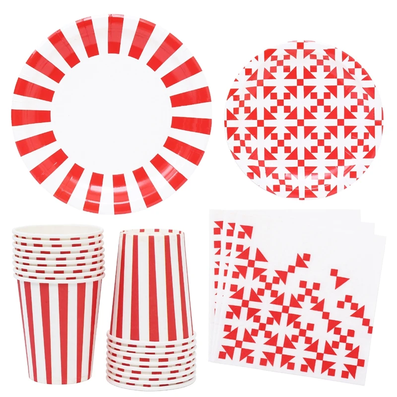 

High Quality Red White Striped Grid Paper Plate Cup Napkin Wedding Birthday Party Decoration Disposable Tableware 8pcs Supplies