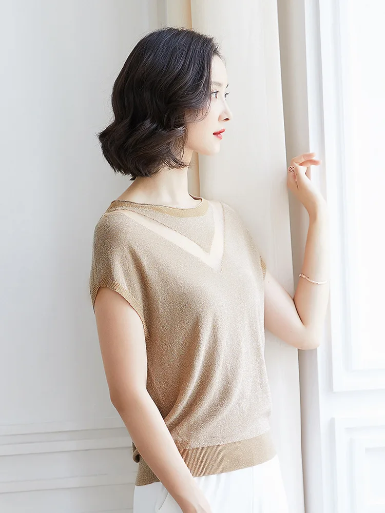 Женский трикотажный свитер с круглым вырезом коротким рукавом | Женская одежда