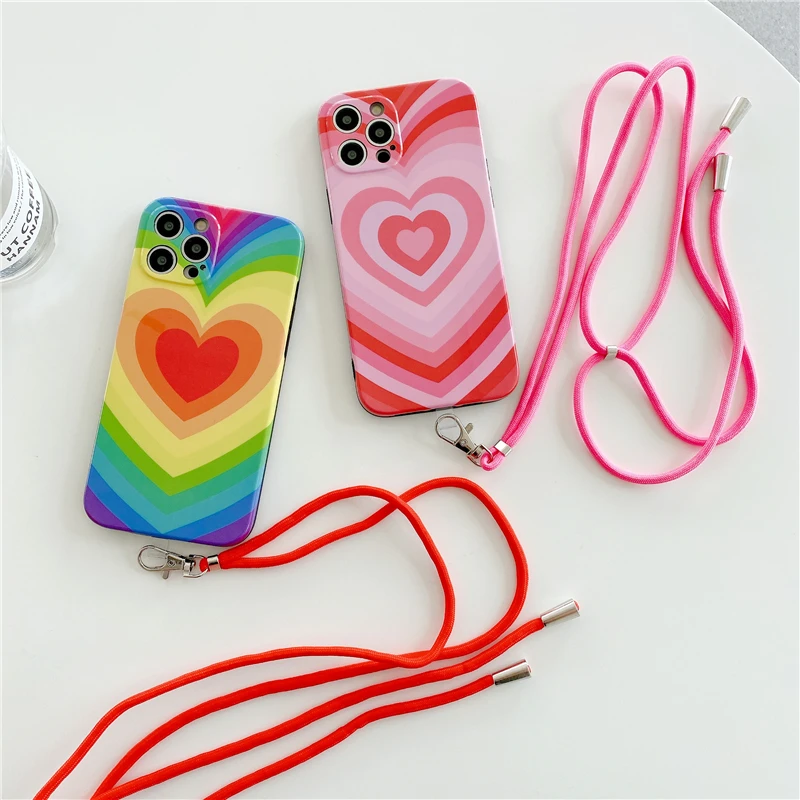 

Rainbow Surround Love Heart + Crossbody Lanyard Silicone Phone Case for Iphone 12 11 Pro Max Xs Xr 7 8 Plus Handle Bracket Cover