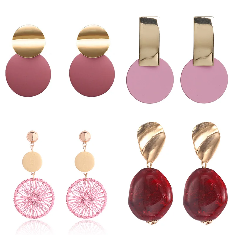 Серьги-подвески женские круглые красные висячие украшения геометрического