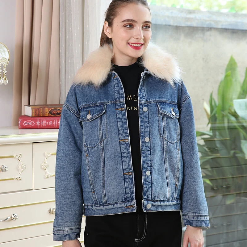 Женская теплая джинсовая куртка LEIJIJEANS повседневная с большим меховым воротником