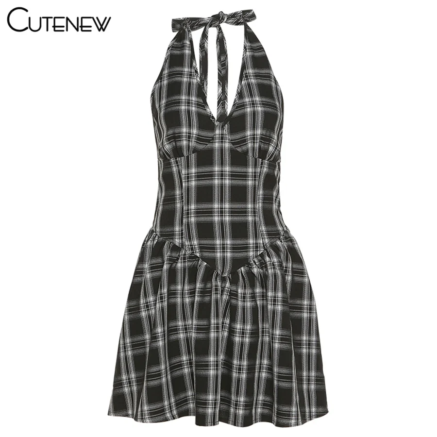 

Cutenew Lattice Pattern A-Line Slim Halter Mini Dress For Women Summer Sexy V-Neck Backless Streetwear Casual Stretch Lady Dress