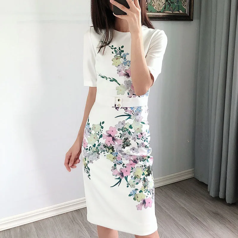 

UK Fashion England Elegant Floral Print Bodycon Qipao Sheath Pencil Dress