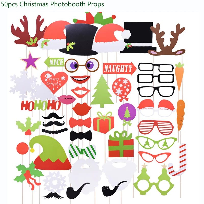 50pcs Photo Props Рождественская вечеринка Декор одноразовые столовые приборы бумажные тарелки и стаканы соломинки Баннер Дети День рождения Рождество детский душ Декор - Цвет: 50pcs Photo Props