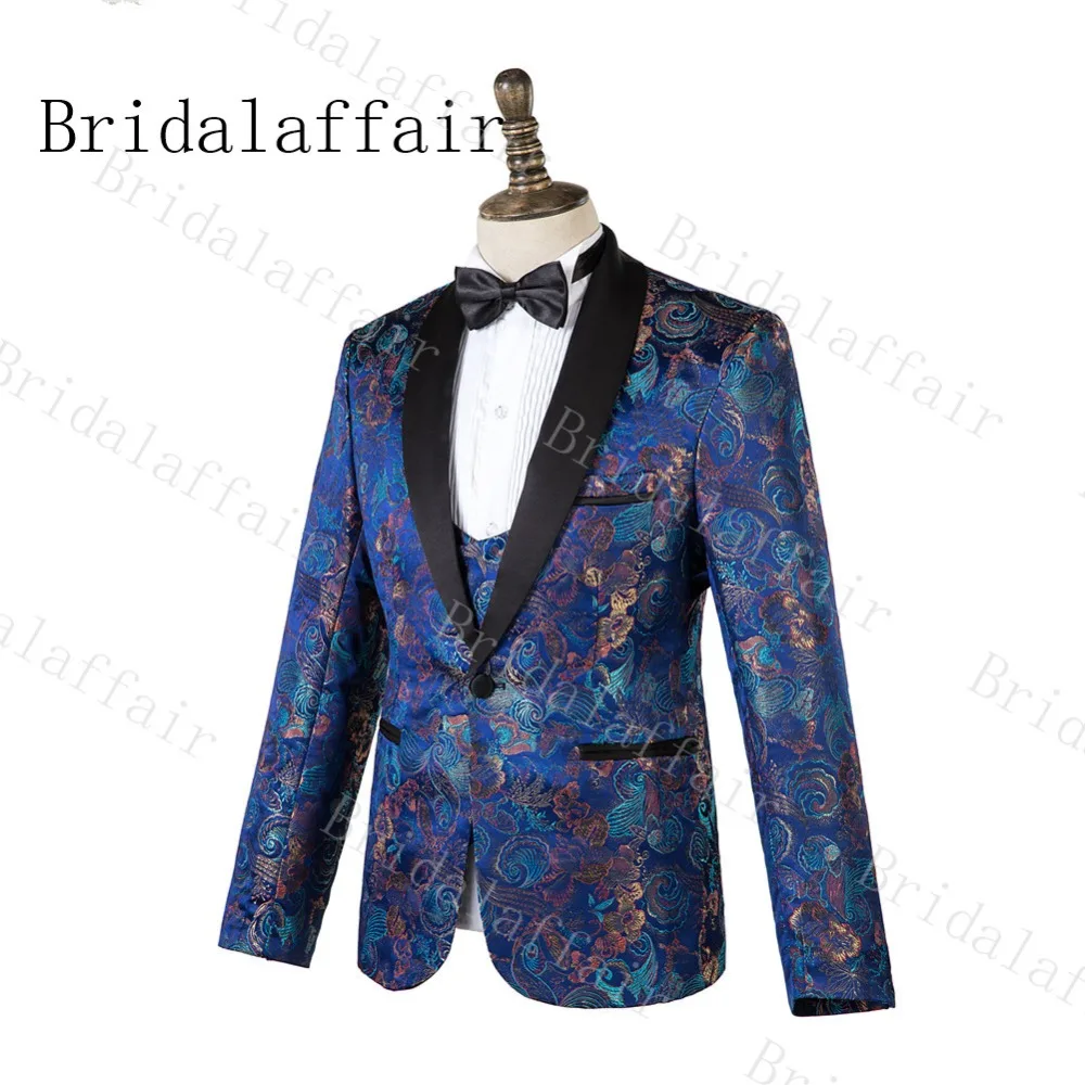 Bridalaffair Зимний костюм для жениха, джентльменский шаль с отворотом, приталенный темно-синий костюм с красочным пиджаком