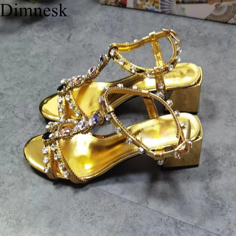 

Gold Chunky High Heel Sandals Women Narrow Band Shiny Rhinestone Decor Ankle Strap Sandalias Summer Elegant Party Shoes Ladies