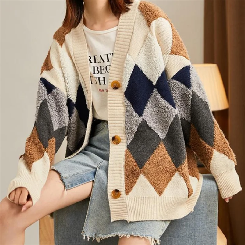 

Korean New Autumn Winter Thick Cardigan Women Casual Plaid Printed Long Knitted Knitwear Sweater Coat Female Jacket