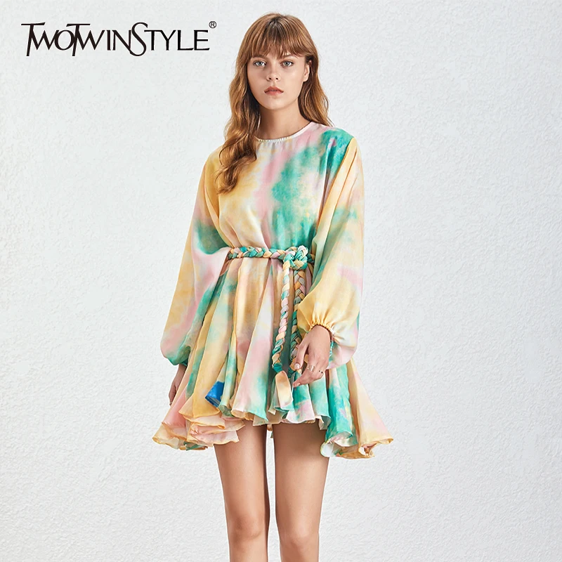 Платье мини TWOTWINSTYLE с длинным рукавом и круглым вырезом|Женские платья| |