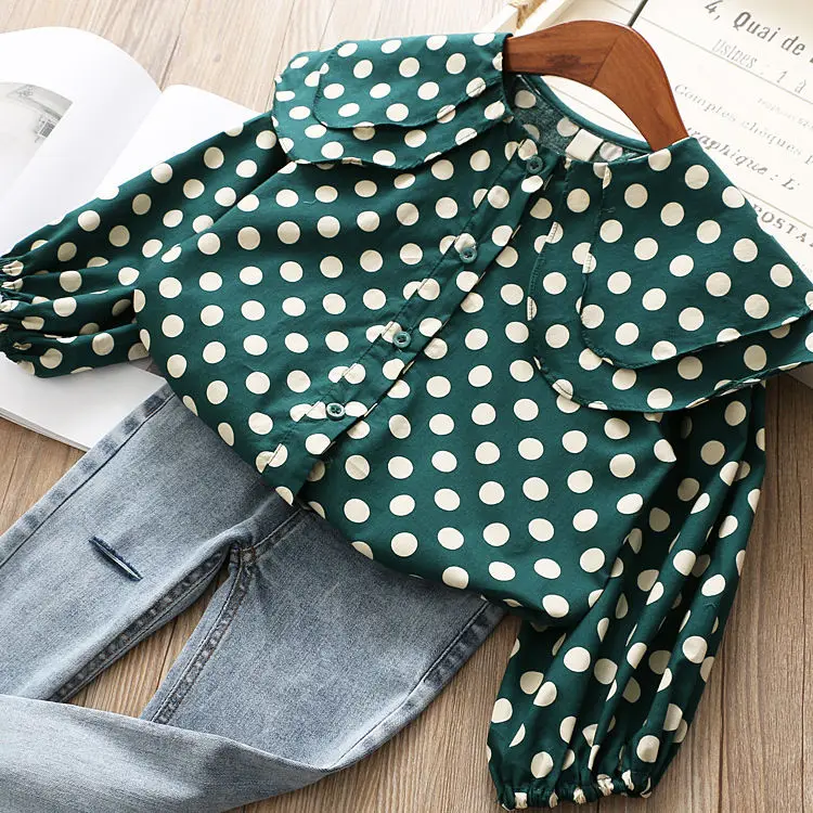 Блузка детская в горошек с длинным рукавом отложным воротником Корейском стиле