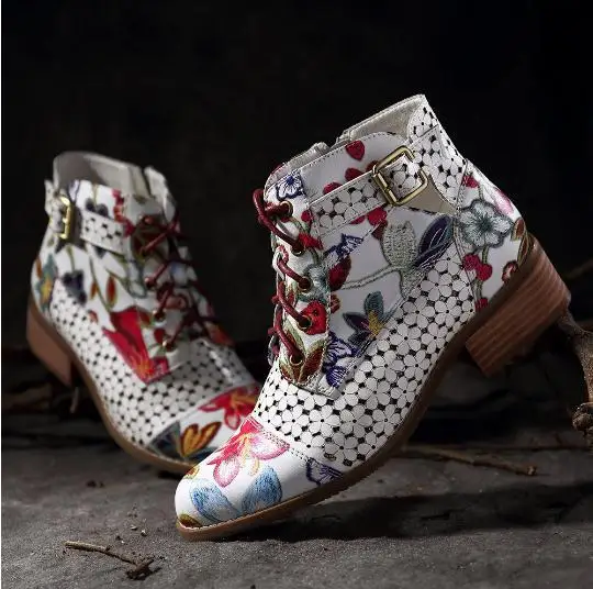 

Fashion Style Women Ankle Boots Print Floral High Heel Ladies Shoes Party Dancing Pumps Basic Leather Boots Patent Leather