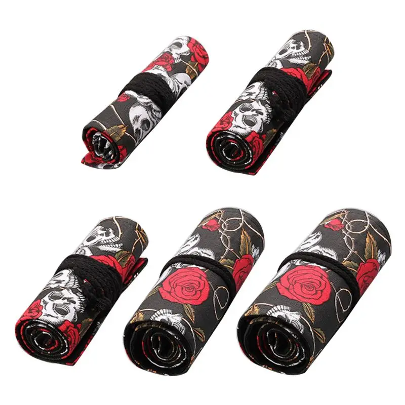 

Rose Skull 12/24/36/48/72 Holes Canvas Roll Pen Curtain Pencil Bag Case Makeup Wrap Holder Storage Pouch