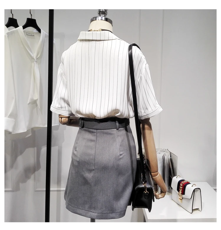 

2021 Spring/Summer New White Blouse Tailored Collar Striped Shirt Women's Loose Korean Style Short Sleeve Top Business Shirt