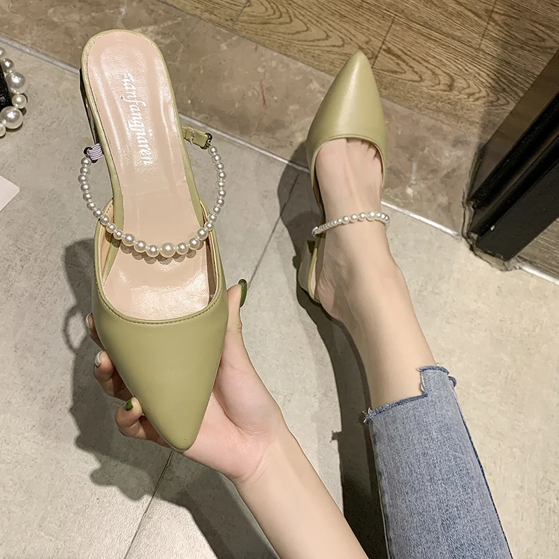 

Loafers String Bead Cover Toe Slippers Casual Shoes Square heel Slides Slipers Women Shallow Med Heeled Mules Luxury Soft Pointe